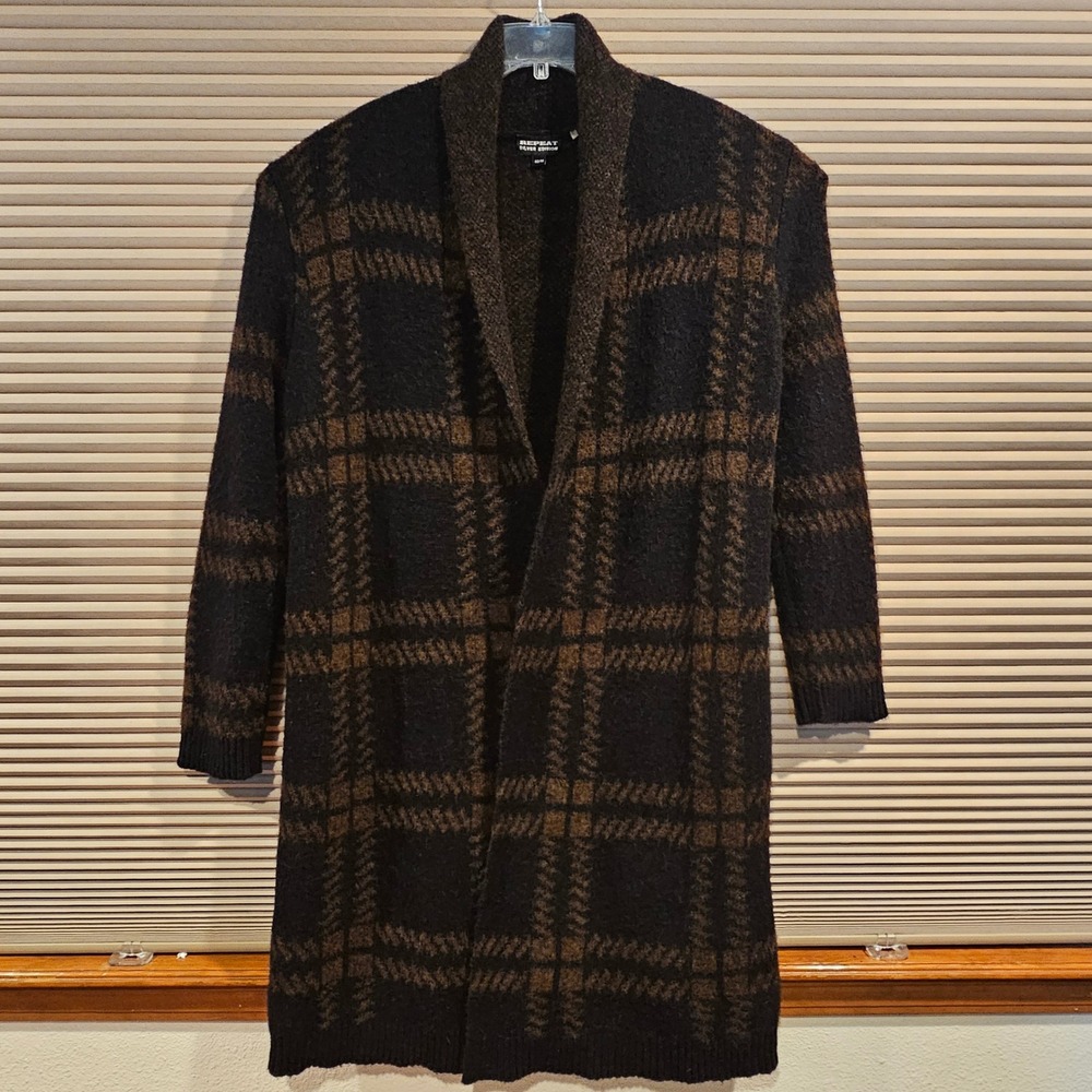 Repeat Silver Edition Wool Blend Plaid Long Cardigan Duster Brown Black 40/M